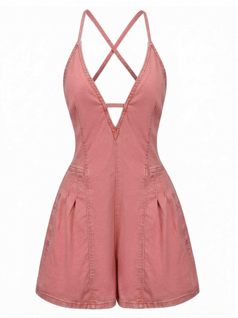 Combishort jean rose à bretelles et col en V années 60