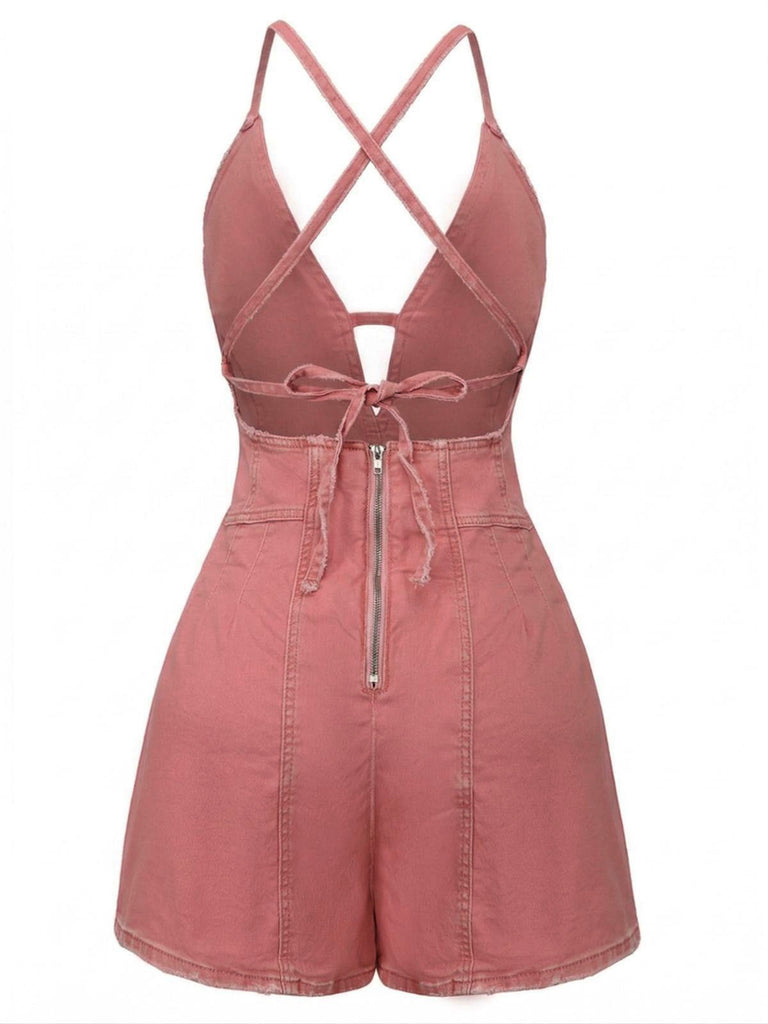 Combishort jean rose à bretelles et col en V années 60