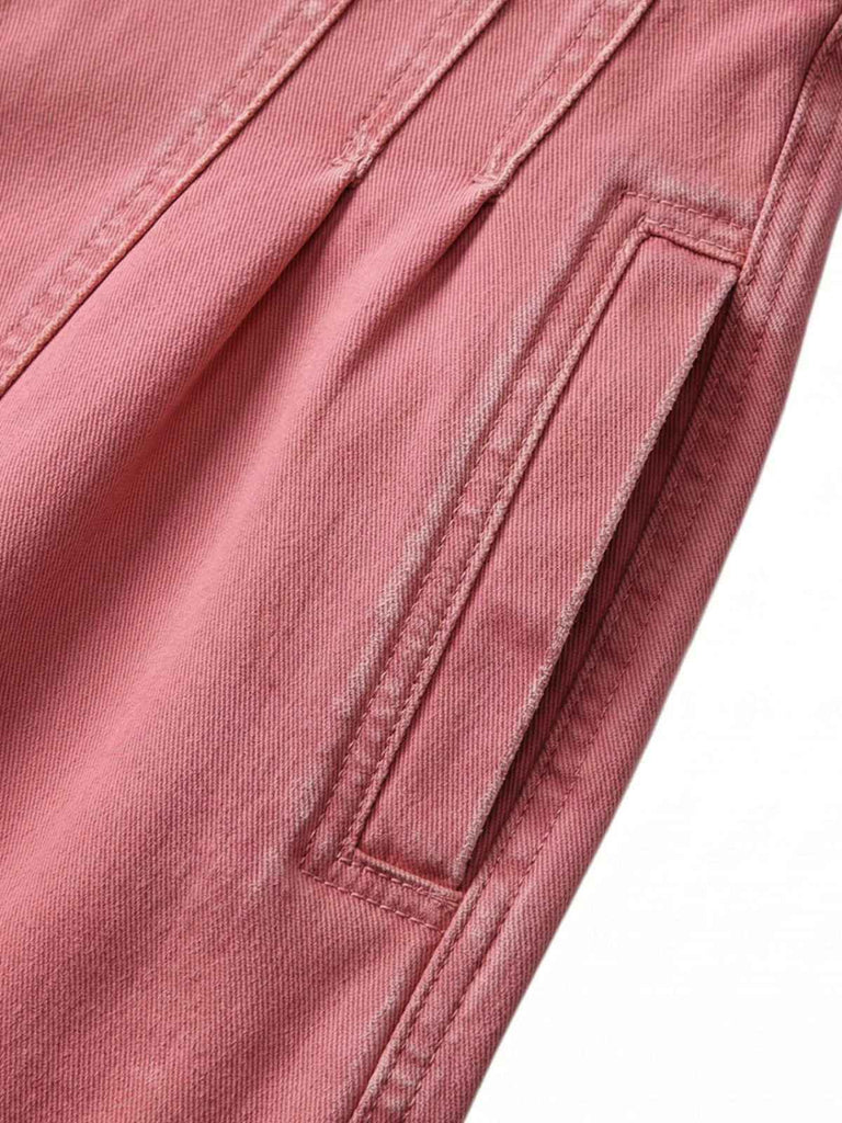 Combishort jean rose à bretelles et col en V années 60