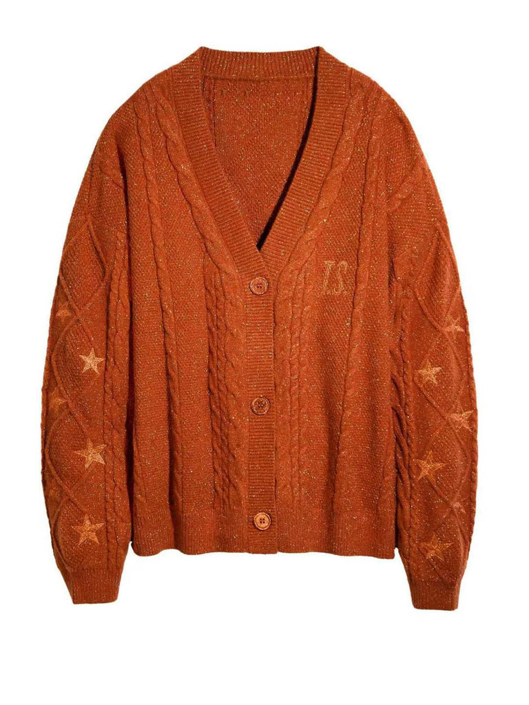 Gilet orange à col en V et broderie d'étoiles années 1940