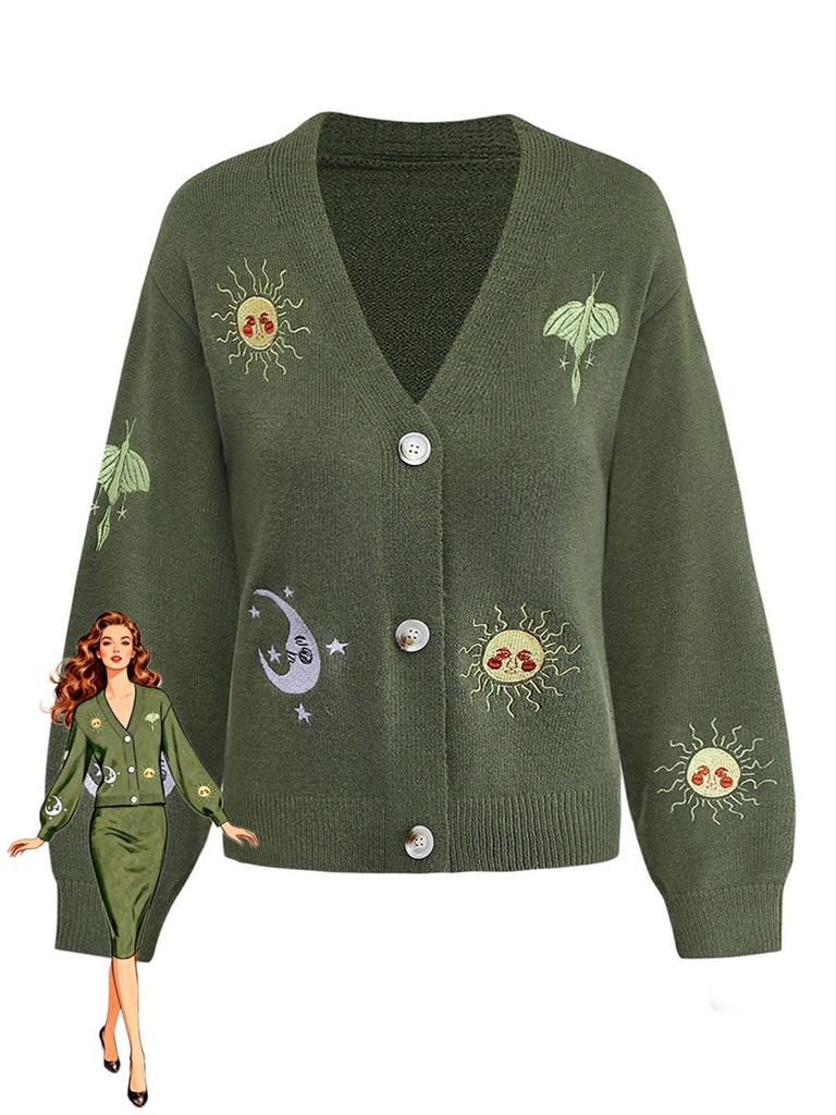 Gilet tricoté à manches lanternes brodées soleil et lune des années 1980