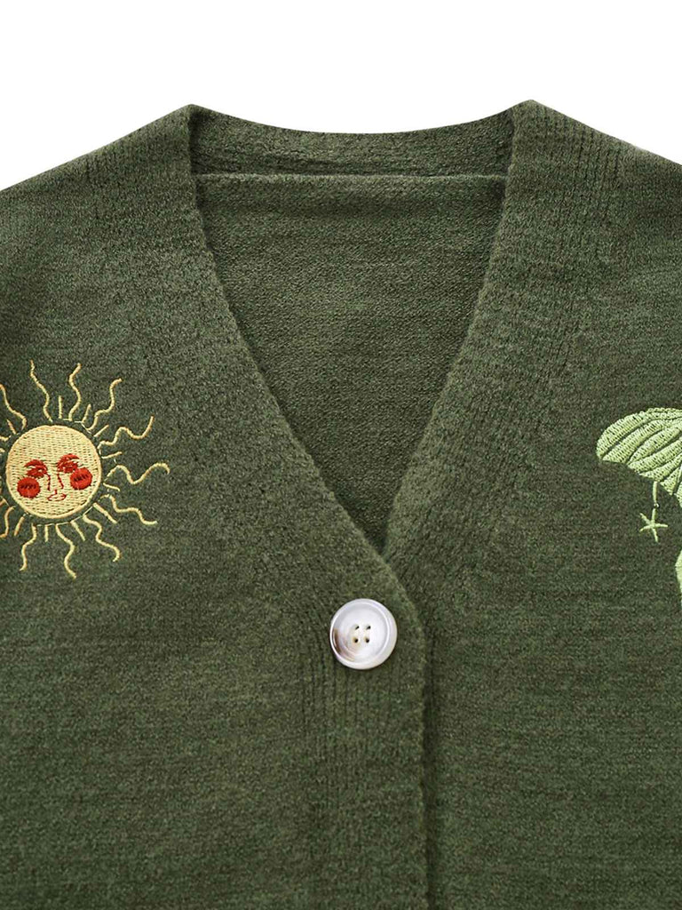 Gilet tricoté à manches lanternes brodées soleil et lune des années 1980