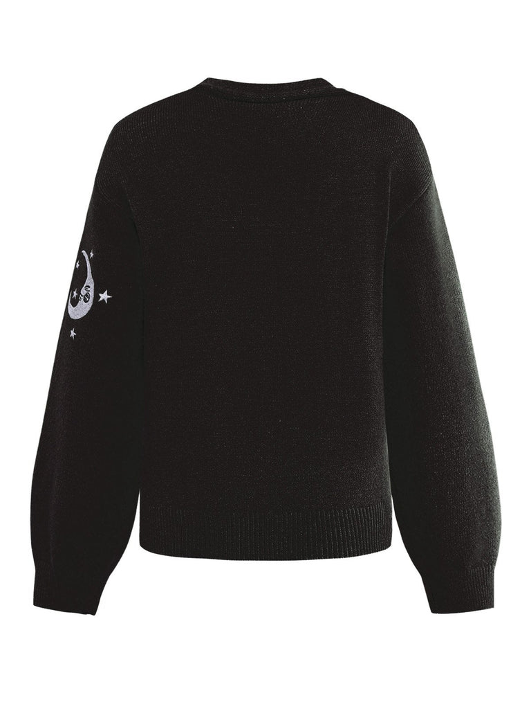 Gilet tricoté à manches lanternes brodées soleil et lune des années 1980