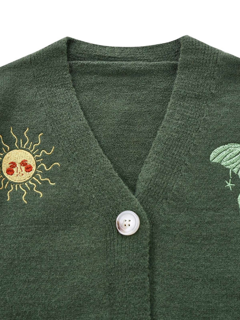 Gilet tricoté à manches lanternes brodées soleil et lune des années 1980