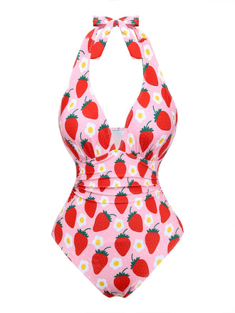 Plissé Tummy Control Fraise Maillot de Bain Une Pièce Années 1950