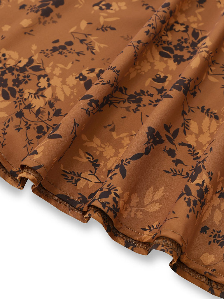 Robe Maxi Marron Motifs Floraux Discrets Années 1930