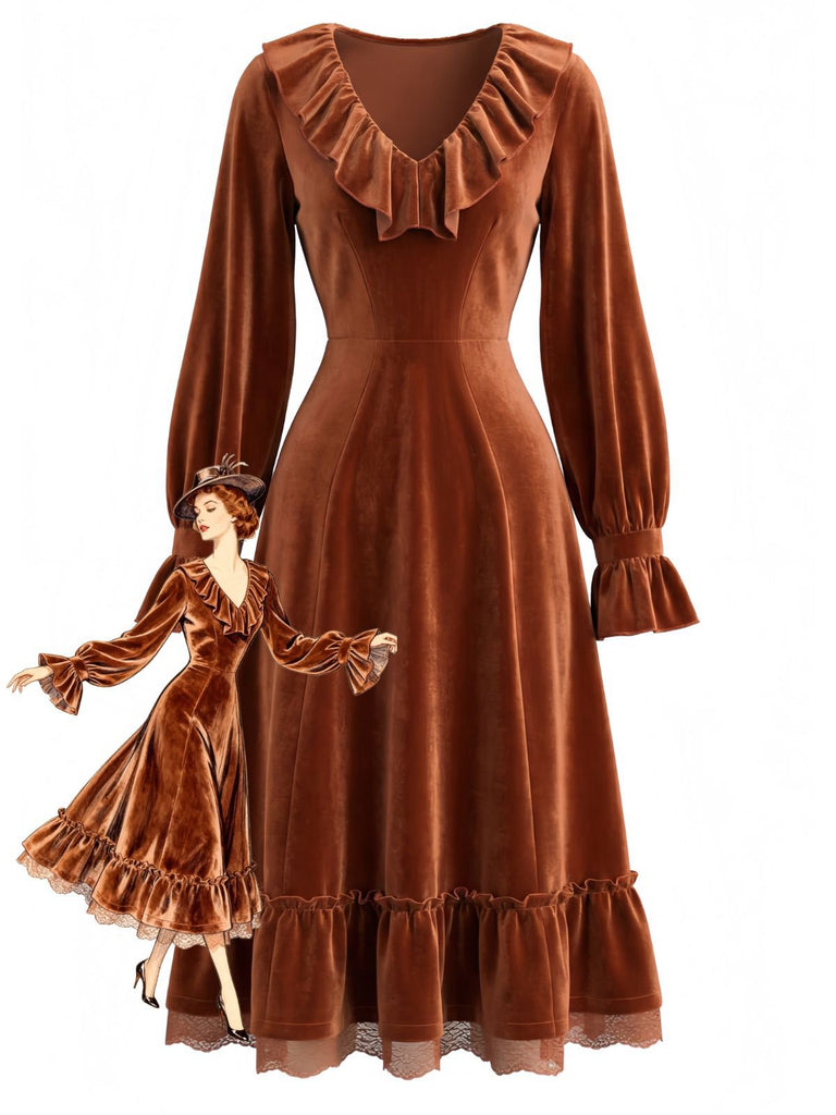 Robe marron en velours côtelé uni à volants et dentelle années 1940