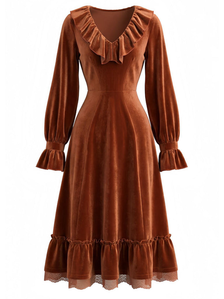 Robe marron en velours côtelé uni à volants et dentelle années 1940
