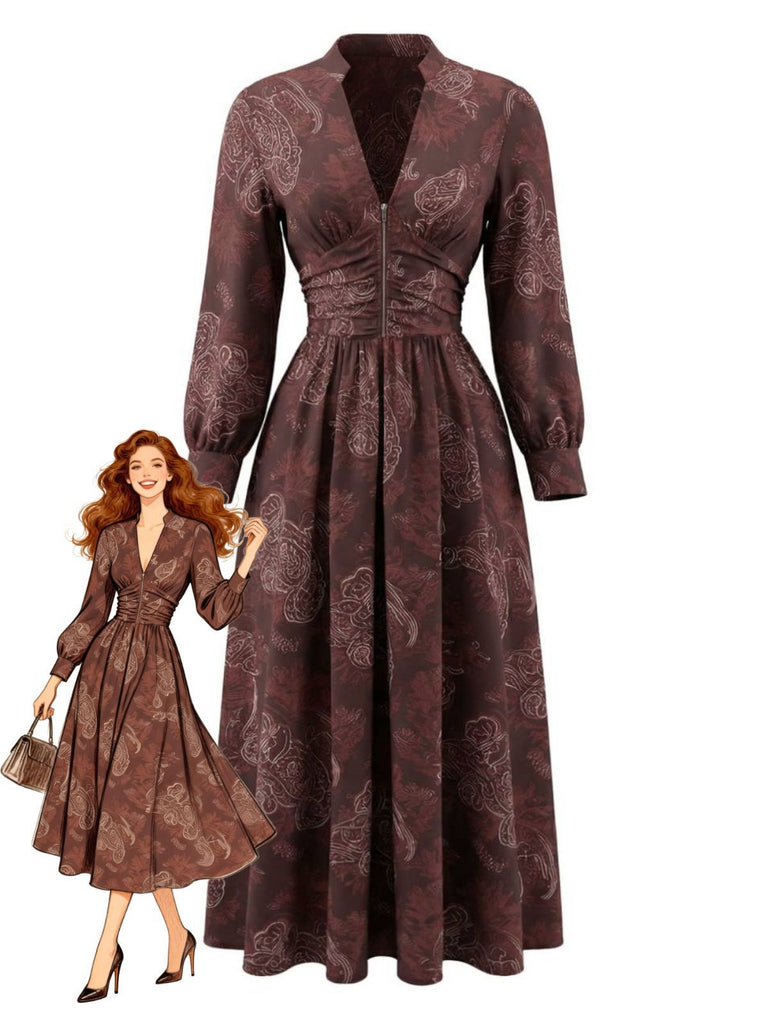 Robe Marron Boho Paisley  Col V Montant Smocké Années 1970
