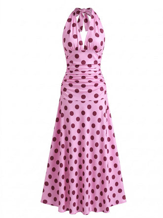 Rose Pêche à Pois Col V Halter Robe Midi Années 1930 2