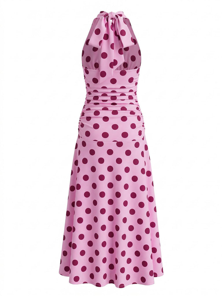 Rose Pêche à Pois Col V Halter Robe Midi Années 1930 3
