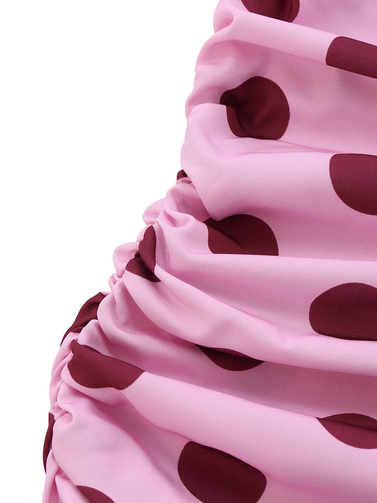 Rose Pêche à Pois Col V Halter Robe Midi Années 1930 5