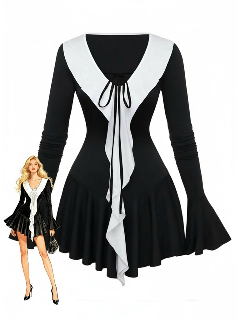 Robe péplum à volants noire et blanche années 1960