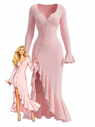 Robe sirène à volants boutons et fente latérale des années 1930