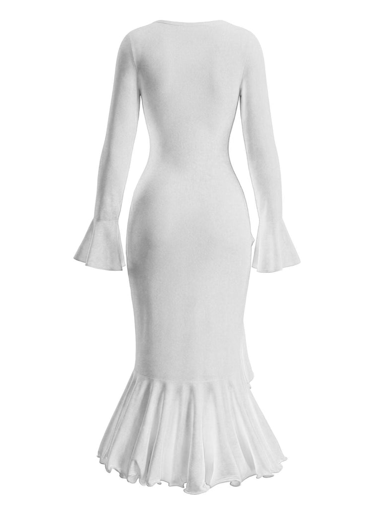 Robe sirène à volants boutons et fente latérale des années 1930