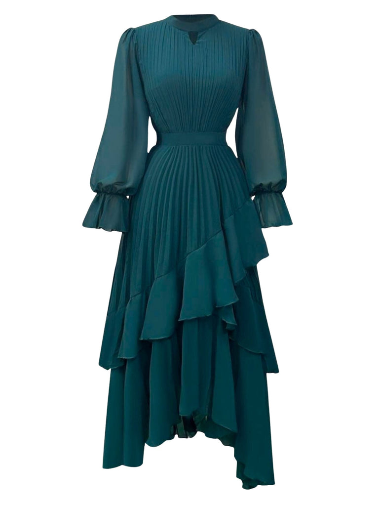 Robe plissée verte unie à ourlet volanté années 1950