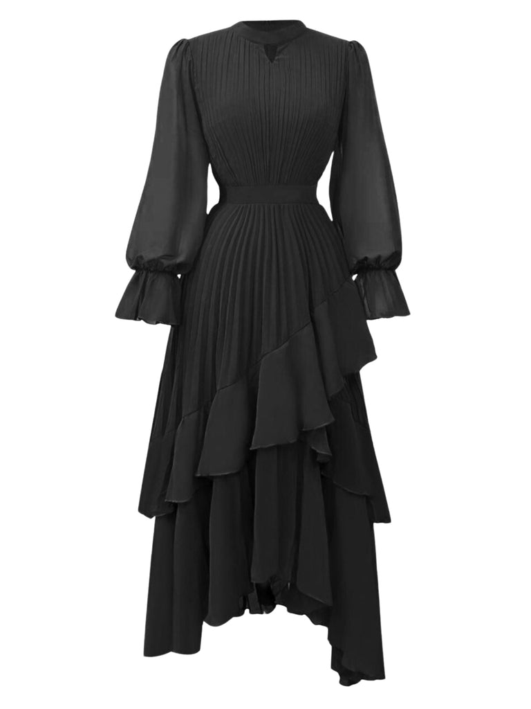 Robe plissée verte unie à ourlet volanté années 1950