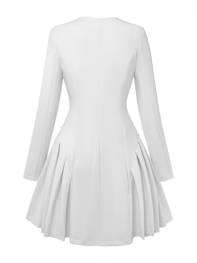 Robe Uni Plissée Manches Longues Col CœurAnnée 1950
