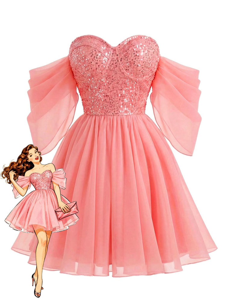 Robe rose à sequins et résille des épaules dénudées années 1950