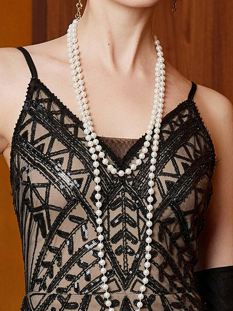 Robe de soirée longue en résille à sequins noirs style Gatsby années 1920