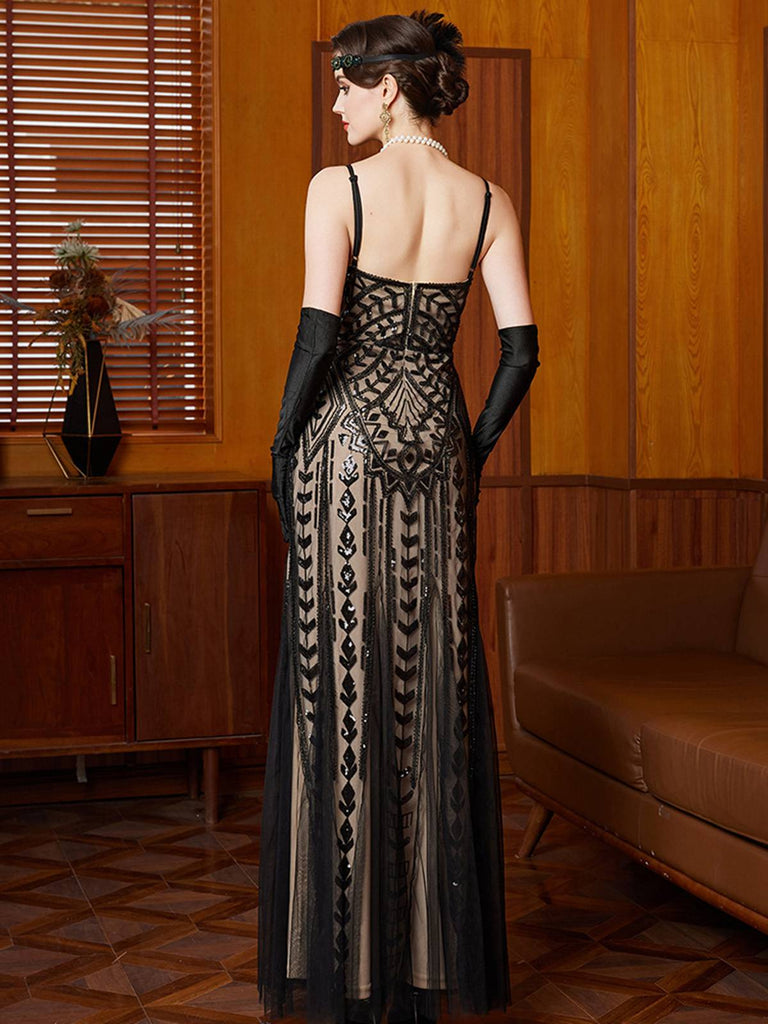 Robe de soirée longue en résille à sequins noirs style Gatsby années 1920