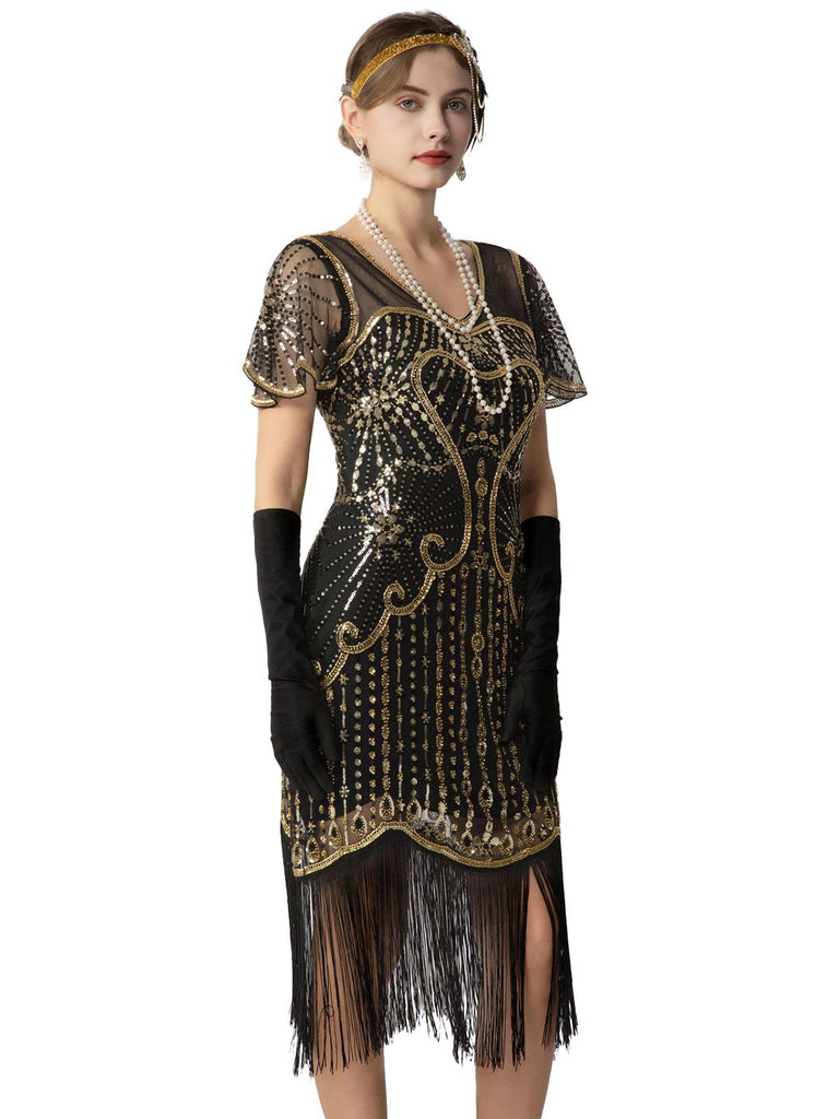 Robe Charleston à paillettes franges et perles des années 1920