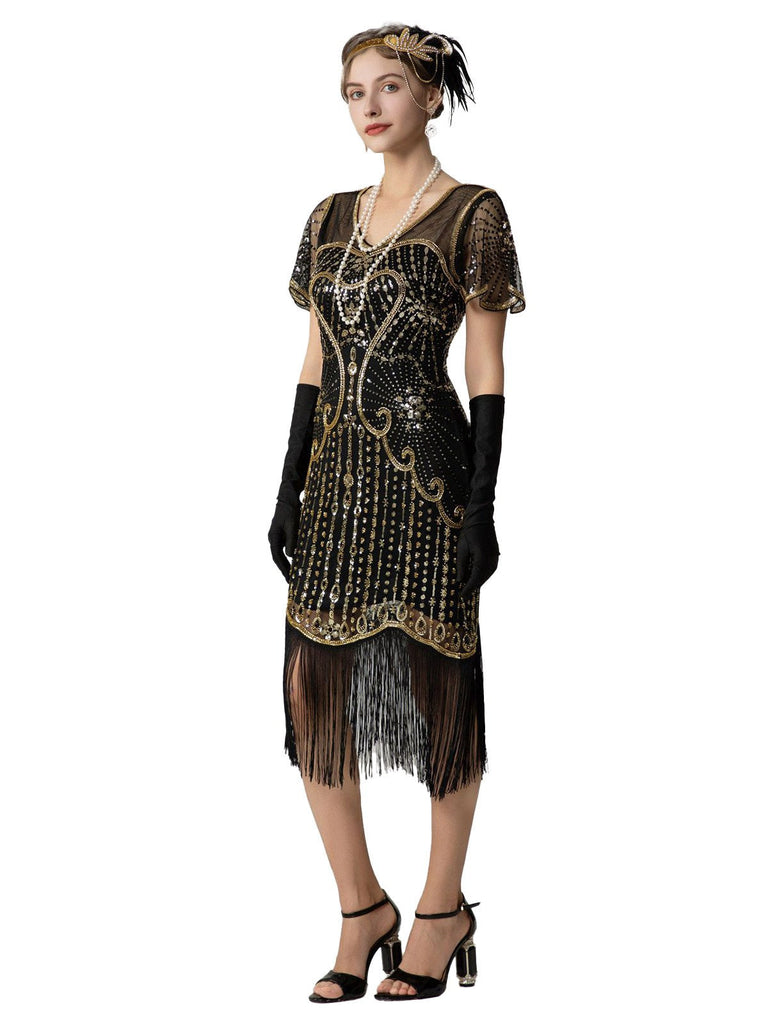 Robe Charleston à paillettes franges et perles des années 1920