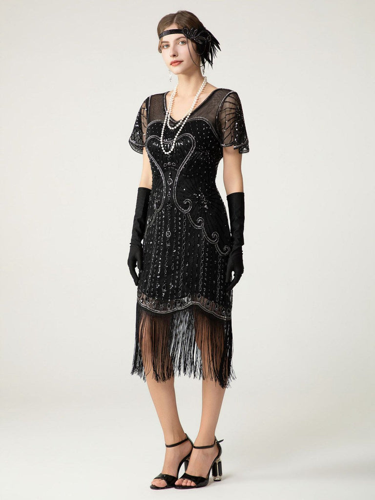 Robe Charleston à paillettes franges et perles des années 1920