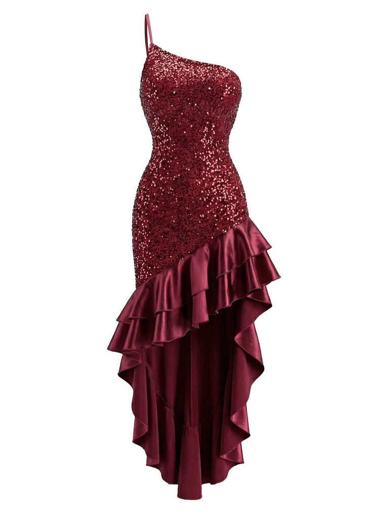 Robe rouge asymétrique à sequins et volants années 1930