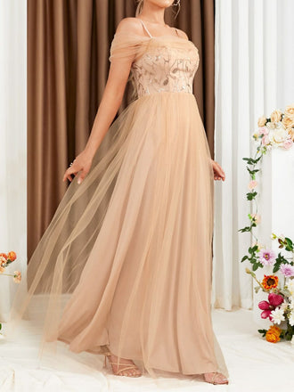 Robe Épaule Dénudée Maillage Paillettes Patchwork Beige Année 1930