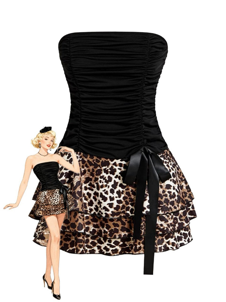 Robe courte portefeuille léopard à volants et nœud papillon années 80