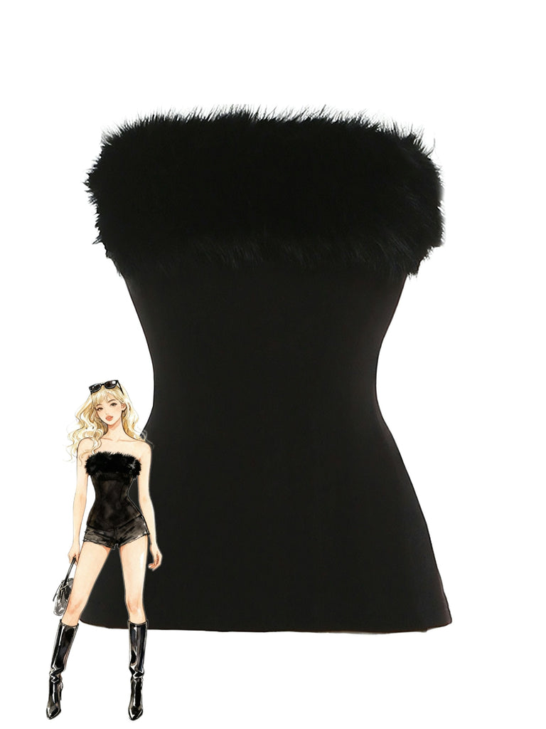 Haut uni moulant sans bretelles en peluche des années 1980