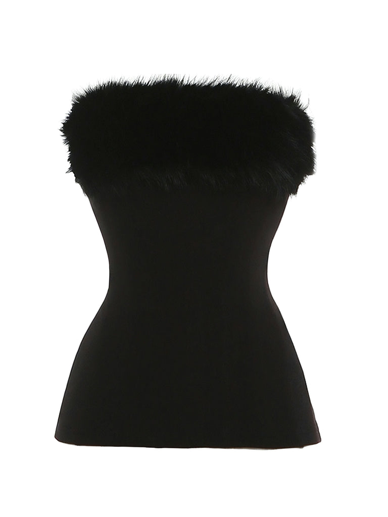 Haut uni moulant sans bretelles en peluche des années 1980