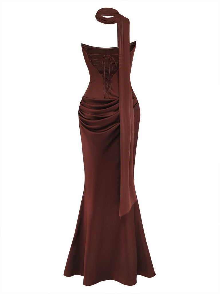 Robe moulante unie froncée sans bretelles avec foulard années 1980