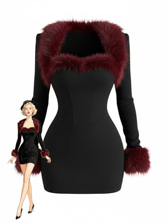Ensemble deux pièces noir, robe fourreau à décolleté cœur et veste courte années 1980 - 1