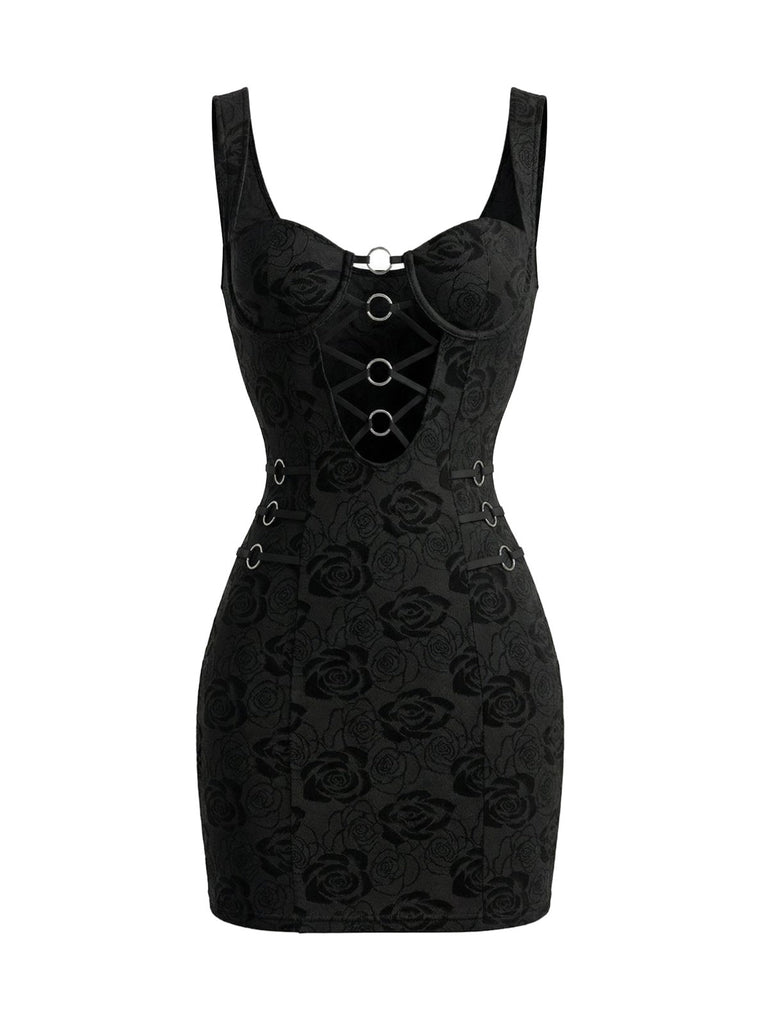 Noir Découpé Metal Anneau Moulante Robe Années 1980 2