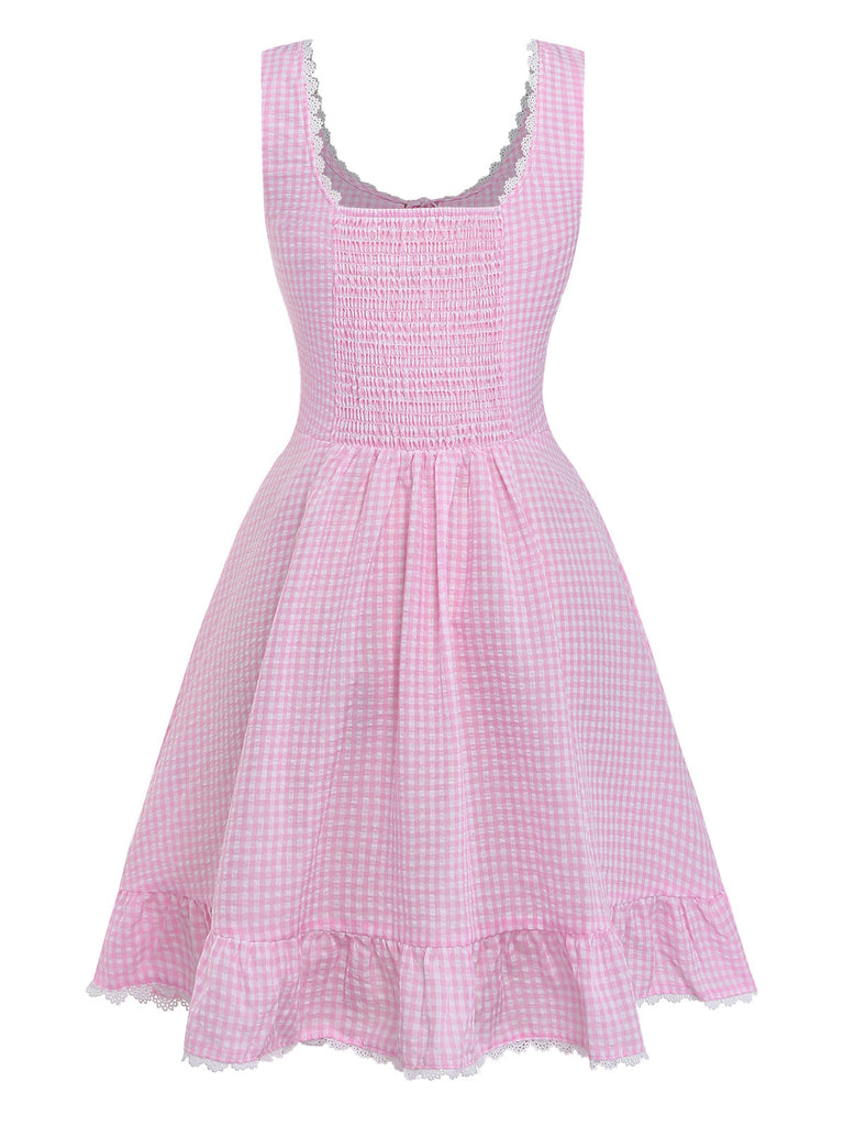 Rose Nœud Dentelle Vichy à Lacets Robe Années 1960 3