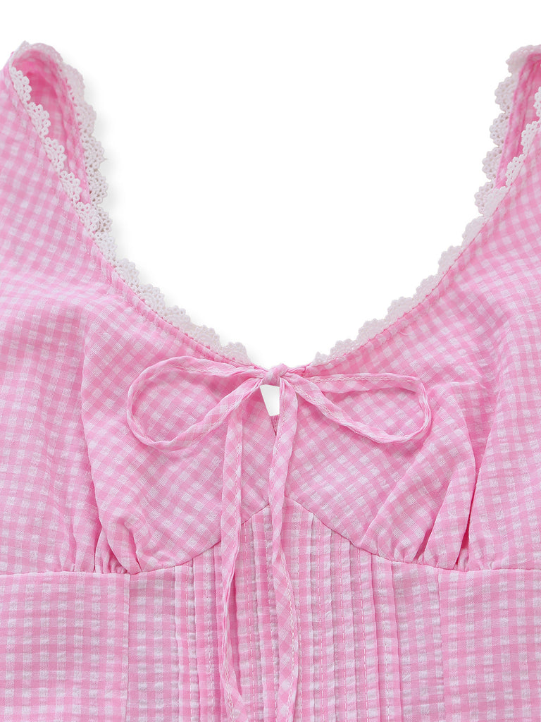 Rose Nœud Dentelle Vichy à Lacets Robe Années 1960 5