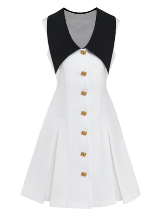 Blanc Col Chelsea Sans Manches Blocs de Couleur Mini Robe Années 1960 2