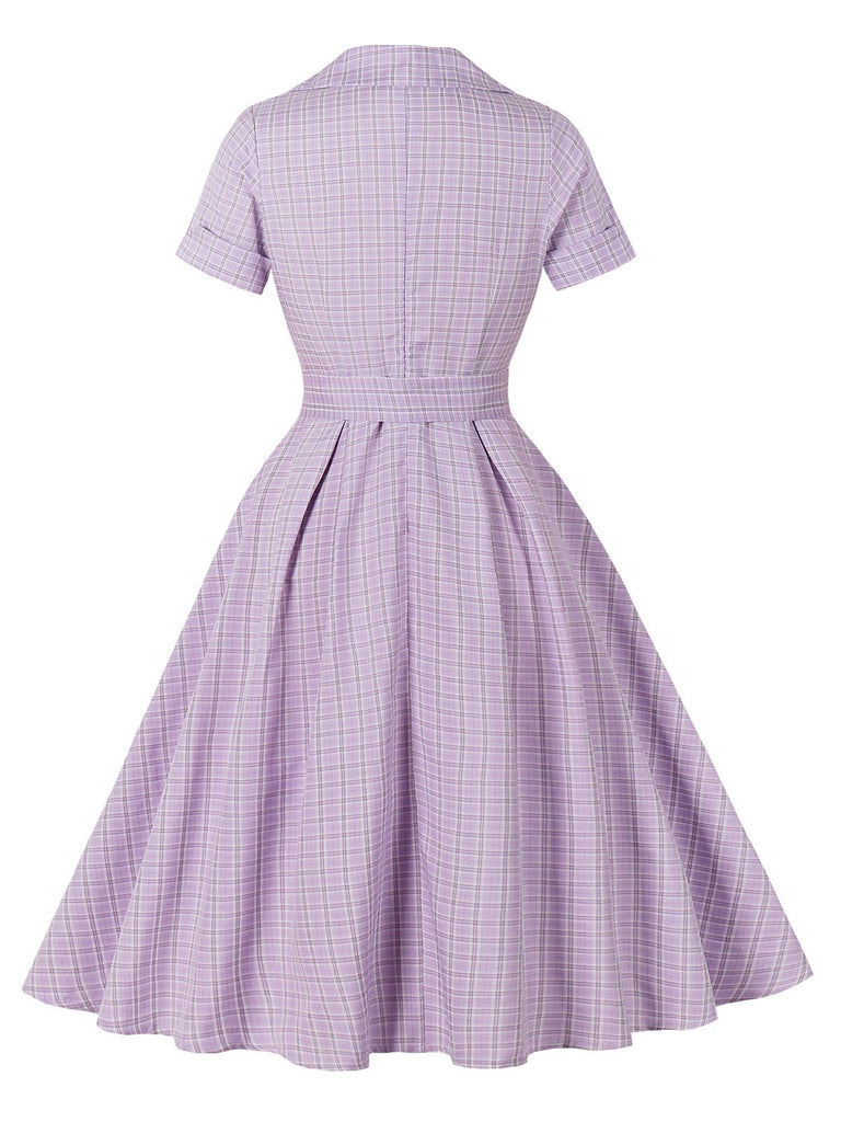 Robe Évasée Boutonnée Col Carré À Carreaux Violette Année 1950