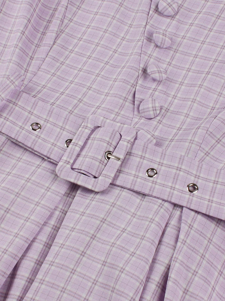 Robe Évasée Boutonnée Col Carré À Carreaux Violette Année 1950