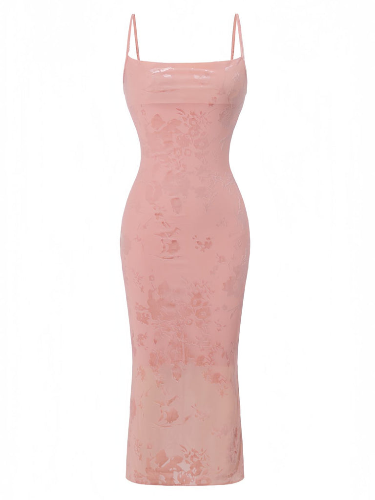 Rose Jacquard Satin Halter Moulante Robe Années 1960 2