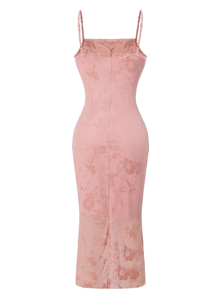 Rose Jacquard Satin Halter Moulante Robe Années 1960 3