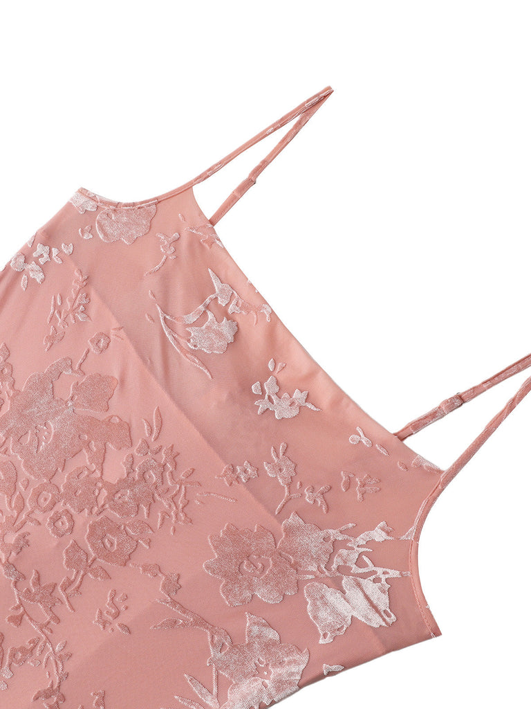 Rose Jacquard Satin Halter Moulante Robe Années 1960 4