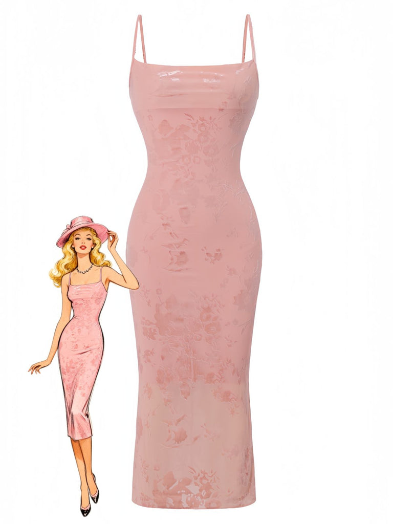 Rose Jacquard Satin Halter Moulante Robe Années 1960