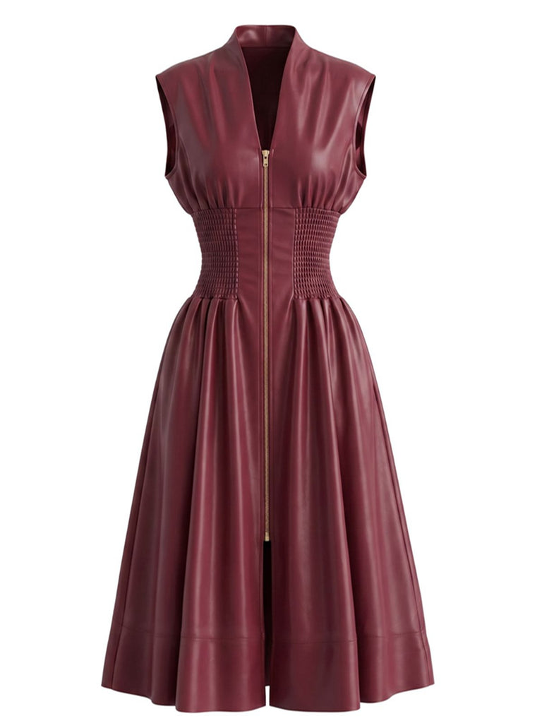 Robe bordeaux similicuir manches courtes et taille cintrée années 1940