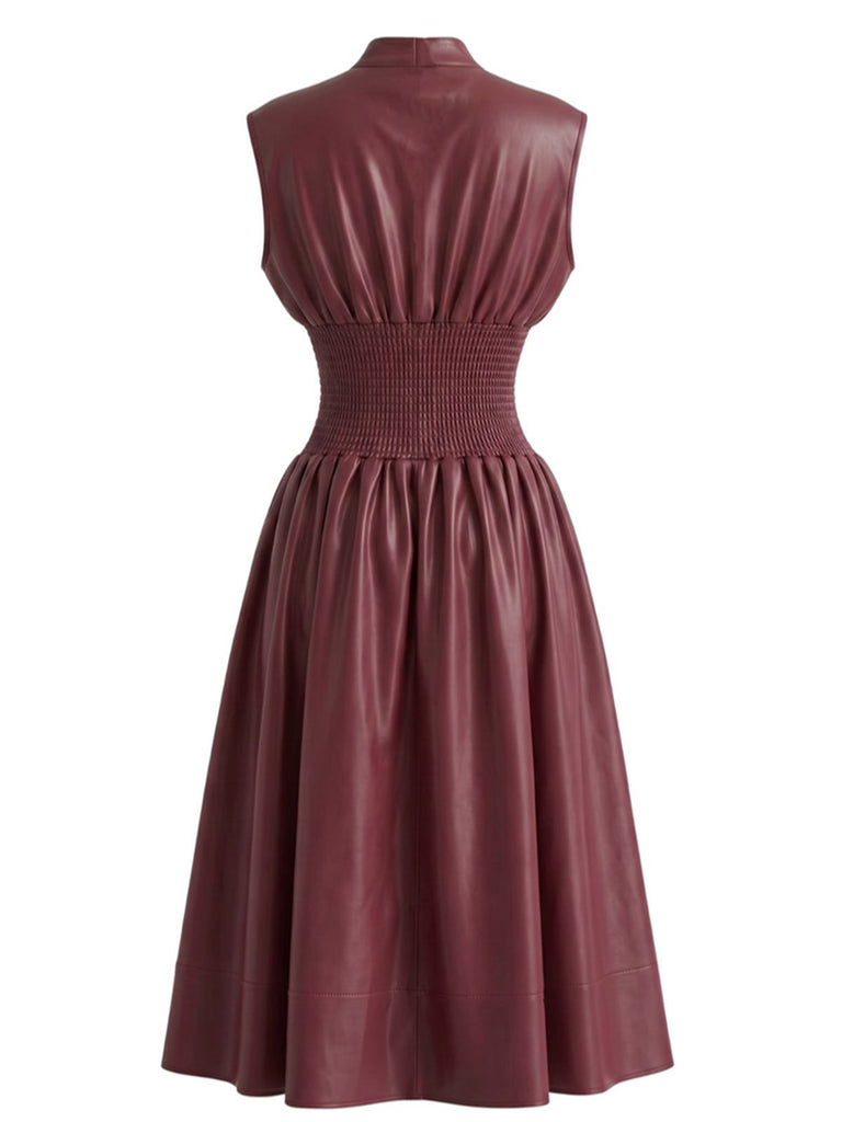 Robe bordeaux similicuir manches courtes et taille cintrée années 1940