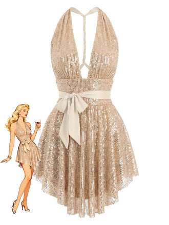 Robe dos nu plongeant à sequins et nœud 1960s