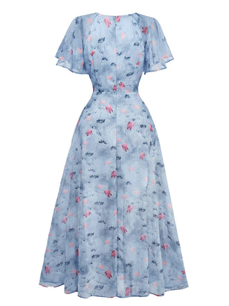 Robe bleu mousseline à manches papillon années 1930