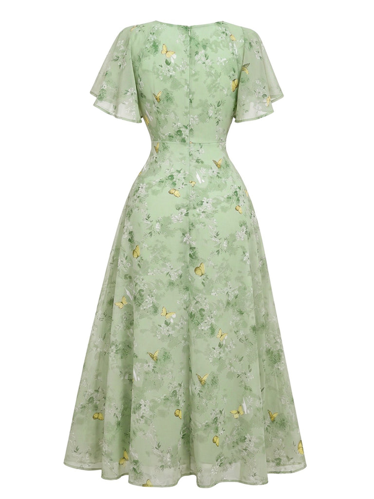 Robe bleu mousseline à manches papillon années 1930